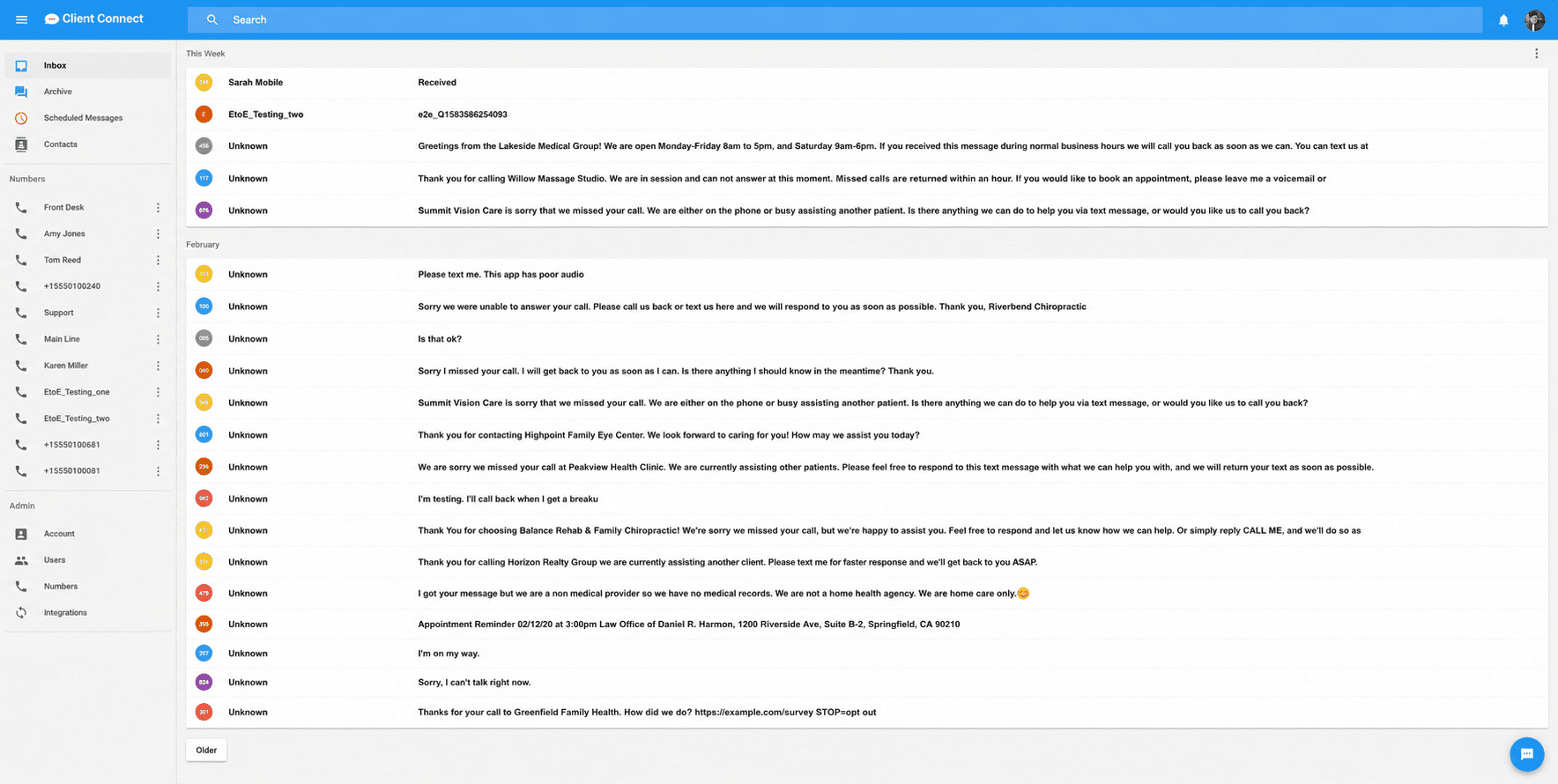 Unified SMS inbox with per-number conversations